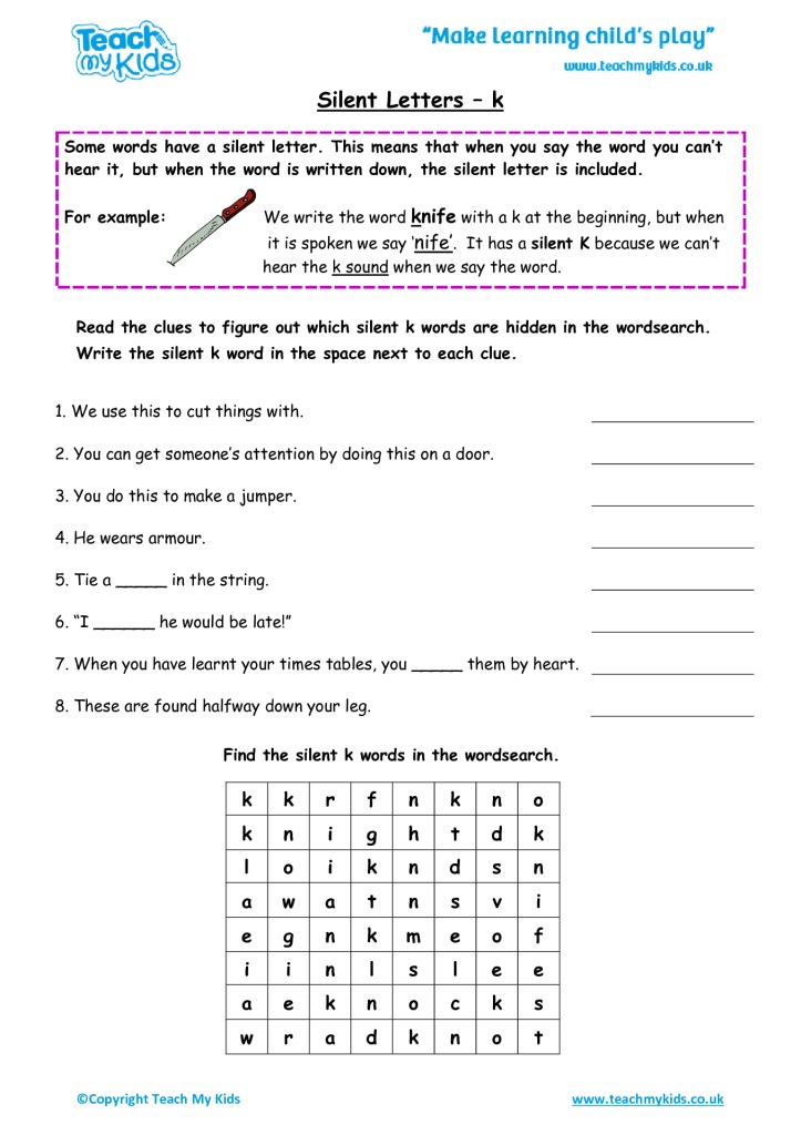 Silent K Worksheet Sight Words Kindergarten Worksheets 85 Silent K Worksheets Grade 3